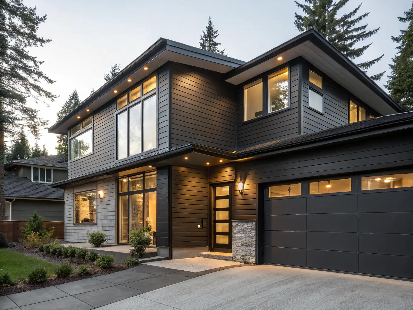 A modern residential home in Vancouver with newly installed Hardie panel siding, showcasing a clean and contemporary design. The image emphasizes the quality and aesthetic appeal of Hardie panel siding.