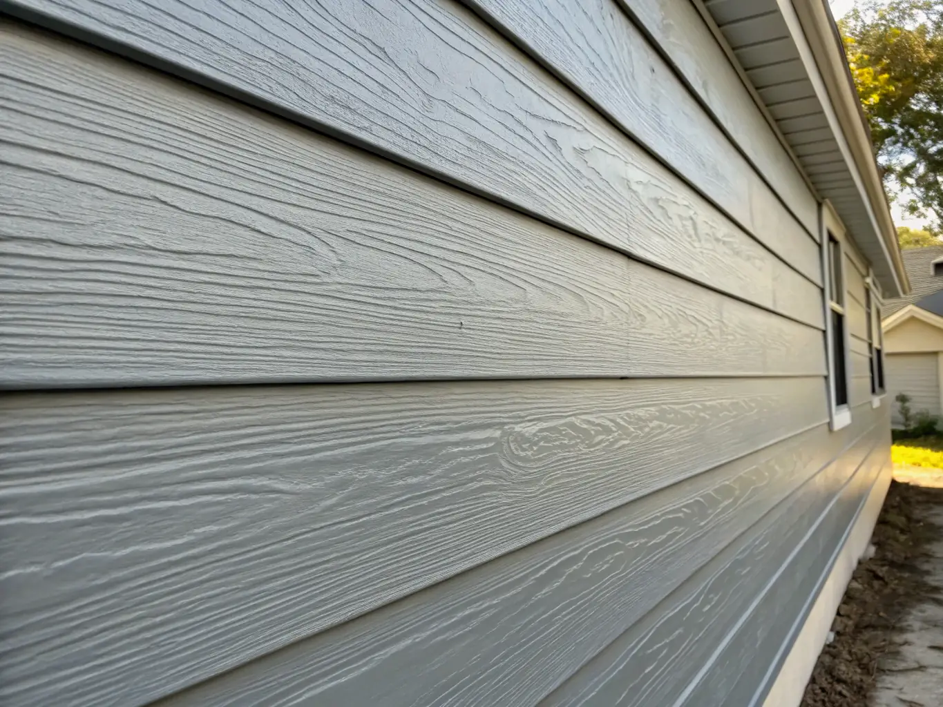 A close-up shot showcasing the texture and detail of Hardie Plank siding on a modern residential home in Vancouver, BC, highlighting its wood-like appearance and durability.