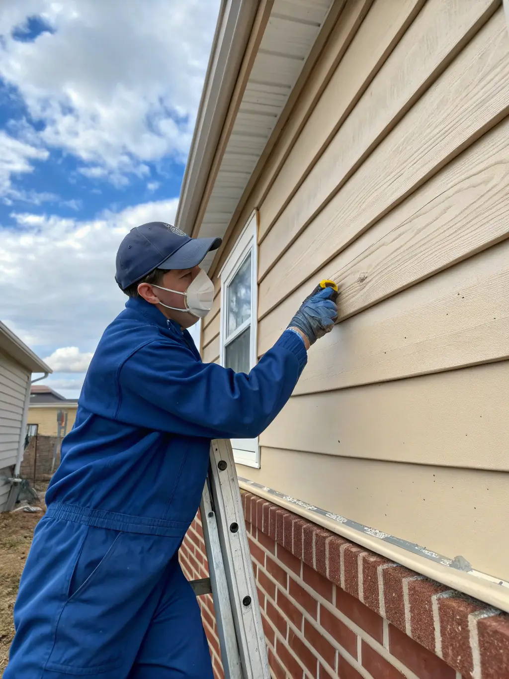 A residential building undergoing siding repair, with a focus on the damaged area and the tools being used for the repair work. The image should convey expertise and attention to detail.